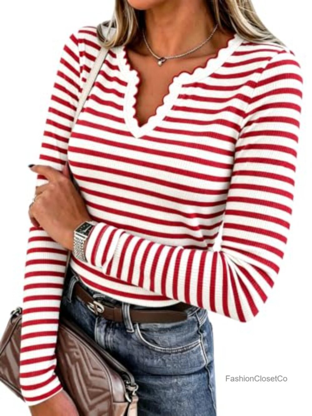 Striped V-Neck Long Sleeve Sweater Pullover Slim Fit Knit Top